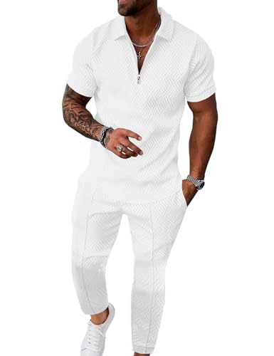UOUA Mens 2 Piece Outfits 1/4 Zip Polo Casual Pants Summer Set White XL