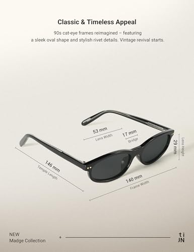 TIJN Vintage Cat Eye Sunglasses Women Retro Oval Frame UV400 Polarized Sun Glasses Lightweight Sunnies for Small Face(Black)