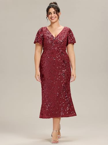 Image of Ever-Pretty Plus Women's Sequin V Neck Plus Size Prom Dress Mermaid Formal Cocktail Evening Dresses for Curvy Women