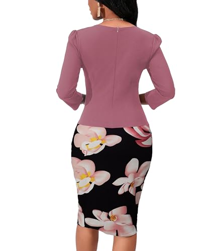 Yajedo Women'S Reto Bodycon Midi Dresses 3/4 Sleeve Teacher Church Wear To Work Modest Business Outfits Faux Blazer Suiting Pencil Dress Pink Floral thumb #5