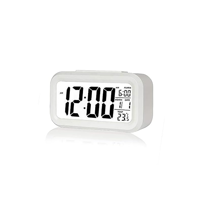 Digital Alarm Clock,Battery Operated Small Desk Clocks,with Date,Indoor Temperature,Smart Night Light,LCD Electronic Clock for Bedroom Home Office - White