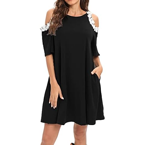 Roiii Womens Fashion Cold Shoulder Short Mini Dress Blouse Summer Casual Loose Beach Party Dresses Tops (Black, 10-12) Cover