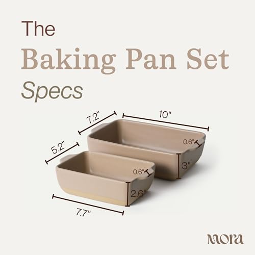 Image of Mora Ceramic Set of 2 Baking Dishes For Casserole, Banana Bread, Brownies, Broiling, Roasting, and Baking. 7x11 in and Loaf Pans - Porcelain Serving Bakeware from Oven to Table. Freezer Safe - Mushroom