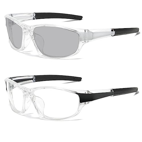 mincl 2pcs Wrap Around Full lens Safety Glasses with Readers photochromic Sport Magnifying Safety Reading Goggles for Men (2pcs-white&clear black, 2, multiplier_x)