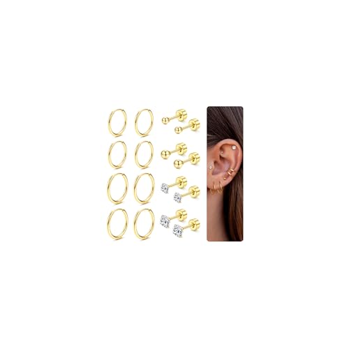 Dochais Boucles d'Oreilles Huggie En Acier Chirurgical 316L, Zirconium Cubique Plaqué Or 14K, Cartilage Hypoallergénique, Piercing Multiple - 8 Paires