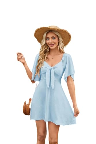 Vestido de Mujer con Escote en Pico y Manga Corta con Lazo - Azul Claro - S