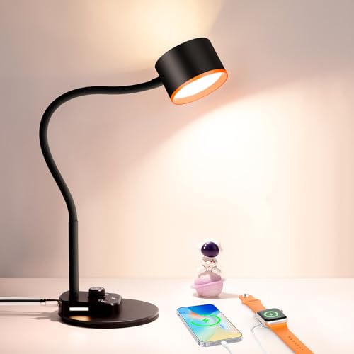 Desk Lamp, LED Desk Lamp with USB C + A Charging Ports, 5 Colors Stepless Dimmable Table Lamps Eye-Caring Reading Lamp for Bedside Table Full Metal Efficient Gooseneck Desk Light for Home Office Black