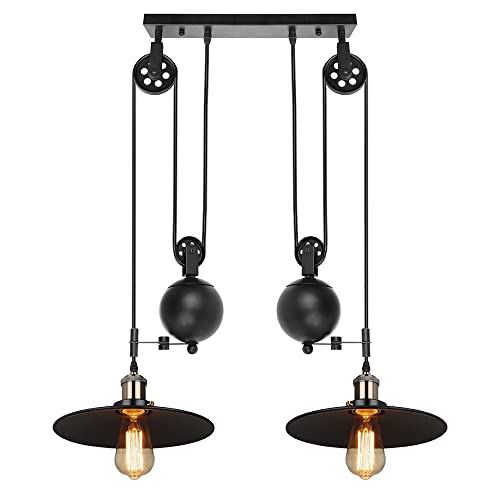 iDEGU 2 Lampes Lustre Industrielle Suspension Luminaire Vintage Plafonnier avec Poulie en Métal Lampe de Plafond Barre, Ø 26cm, Noir (système de poulie -...
