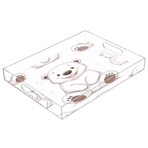 Nesatuwa Cute Polar Bear Acrylic Serving Tray with Handles,Clear Serving Tray Decorative Tray Organiser for Ottoman, Kitchen, Bedroom Decorative Tray 12x16 Inches