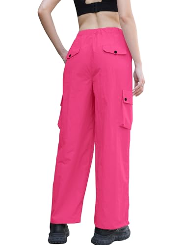 Image of Betusline Girls & Women's High Waist Wide Leg Cargo Pants Y2K Parachute Pants with Pockets and Drawstring 6 Years-Women 2XL