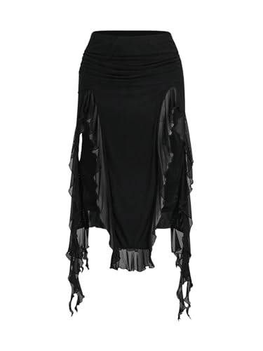 WDIRARA Women's Ruched Ruffle High Slit Midi Skirt Elastic Waist Asymmetrical Hem Skirts