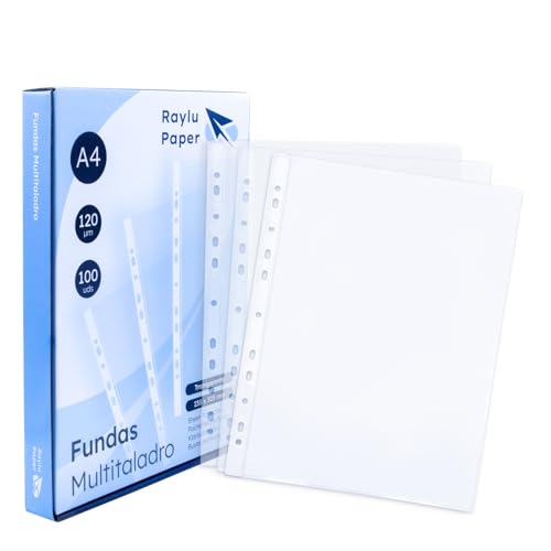 Raylu Paper® - Fundas multitaladro de polipropileno 100% reciclable, fundas para documentos de gran apertura, lomo reforzado. 100 unidades. (Transparente - Cristal, A4 - 120 micras)