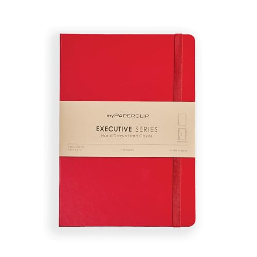 Image of myPAPERCLIP Executive Series A5 Unruled Notebook | 192 Pages, 80 GSM, Hard Cover, A5 (5 .83 x 8.27 in) | Flat Lay | Bookmark, Elastic Closure & Back Pocket | Red