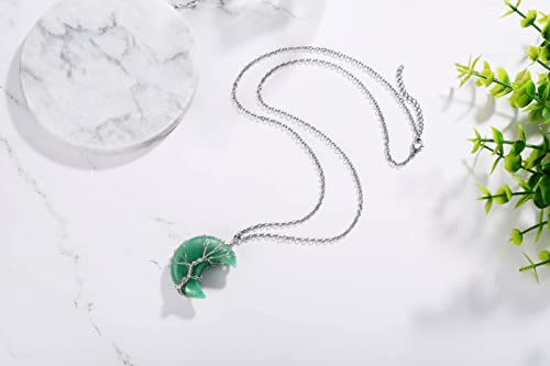 Image of XIANNVXI Tree of Life Wire Wrapped Crescent Moon Pendant Necklace Reiki Healing Crystal Stone Necklaces Natural Gemstone Quartz Jewelry for Women