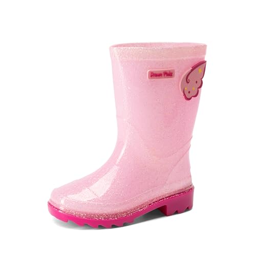 DREAM PAIRS Botas de lluvia para niñas con alas de mariposa, impermeables y brillantes, fáciles de poner, con suela antideslizante y forro cómodo para niños pequeños.,Size 35,Rosa,KKUMRB2502