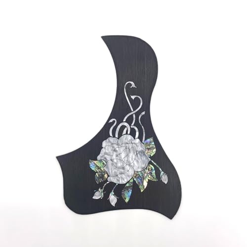 Acoustic Guitar Pickguard with Mother of Pearl Rose Inlay, Abalone Shell Leaves, Black Rosewood Soild Rosewood Guitar Pickguard Abalone Celluloid Inlay 111.01 * 165.34mm Internal Diameter 130mm