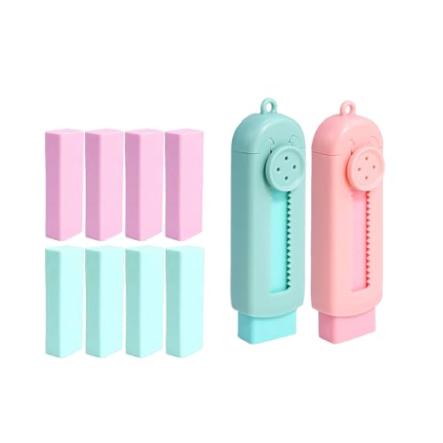 GZBABY Retractable Eraser with Plastic Sleeve 2 Pack, Sliding Pencil Eraser Include 8 Refill Erasers, Easy Storage (Green Pink)