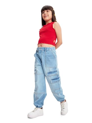Image of olele Girls Super Jeans Collection for 4-14 Yrs | Stretchable Cotton Denim Trousers | Blue Jeans for Kids | Baggy Denim Pants | Cargo Pants for Girls