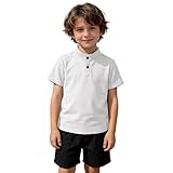 Generisch Lässiges Kurzarm-Strickhemd für Jungen mit Stehkragen, bequemes Sportoberteil für Kinder und Kleinkinder in Unifarben (White, 6-7 Years)
