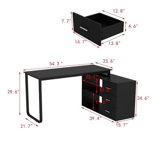 Image of Homsee Home Office Computer Desk Corner Desk with 3 Drawers and 2 Shelves, 54 Inch Large L-Shaped Study Writing Table with Storage Cabinet - Black