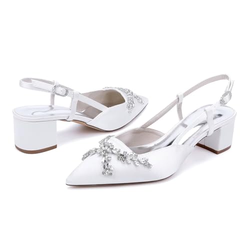 Women's Rhinestone Low Chunky Heels for Women Satin Pointed Toe Low Heel Pumps Ankle Strap Bridal Prom Wedding Dress Shoes3