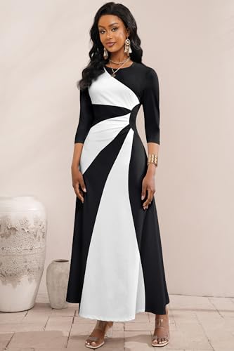 Runwind Maxi Dress for Women with Ruched Waist - Semi-Formal 3/4 Sleeve Crew Neck Long Dresses for Wedding Guest & Church3