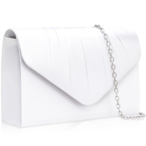Larcenciel Elegante bolsa feminina de cetim branco para noite, bolsas plissadas de festa com alça de corrente destacável, bolsa feminina formal para casamento, coquetel, baile, 23 x 13 x 5,3 cm