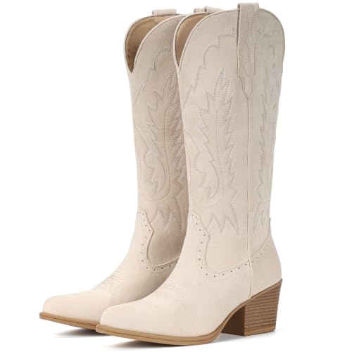 Image of IUV Suede Cowboy Boots For Women Chunky Heel Pointed Toe Cowgirl Boots