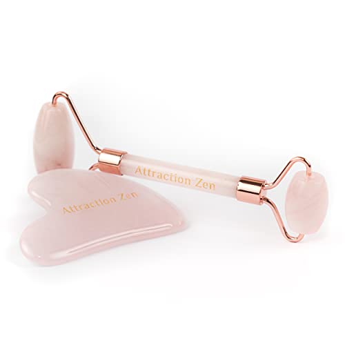 Rouleau de Massage et Gua Sha Authentique en Quartz Rose 100% Naturel - Masseur de visage Anti-âge, Anti-rides - aide à raffermir la peau, à réduire les poches sous les yeux | Votre atout beauté