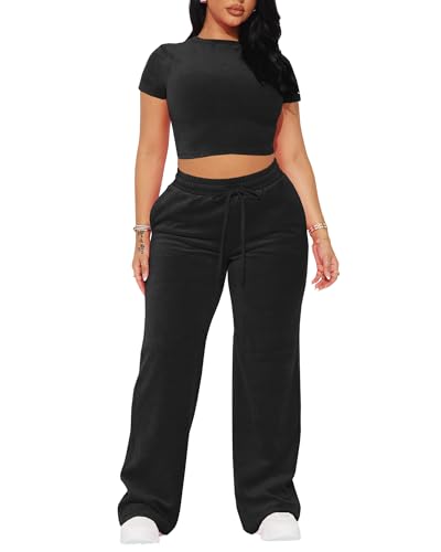 SMSN Women 2 Piece Outfits Velvet Sweatsuit Set Casual Short Sleeve Pullover Tops and Wide Leg Sweatpant Tracksuit Sets