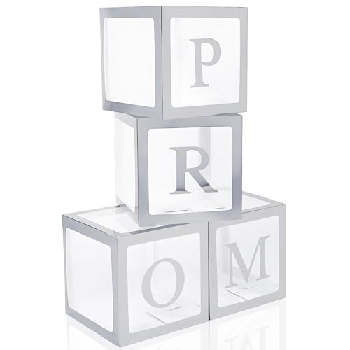 Trandraft 4 Pcs Prom Boxes with Letters 11.8 x 11.8 x 11.8 Inch Clear Balloon Boxes Transparent High School College Graduation Party Favors Supplies(Prom Silver)