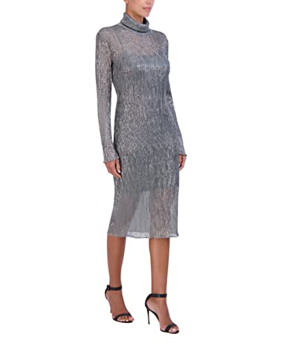 Bcbgmaxazria Women's Fitted Bodycon Midi Dress Long Sleeve Mock Neck Pleated Glitter Mesh, Gunmetal, X-Large #TOP2