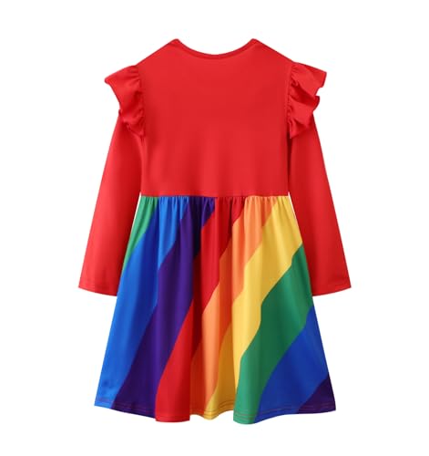 Image of Girl Fall Long Sleeve Dress Christmas Red Rainbow Twirly Skater Midi Party Dress
