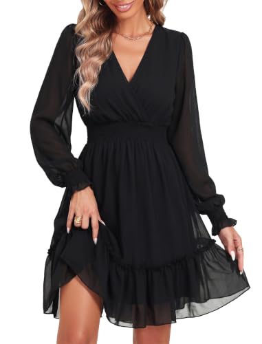 Image of Prettywear Women's Chiffon Long Sleeve Wrap Neck Wedding Guest Mini Dress | Wrap V Neck Smocked Waist Flowy Dress, Spring Fall Outfits for Cocktail, Vacation, Date Night Party