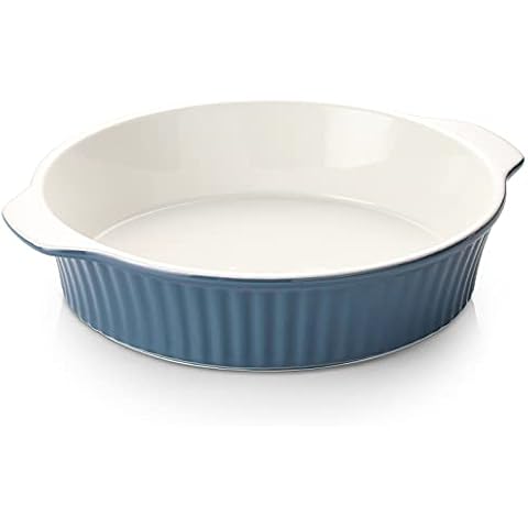 ZONESUM Ceramic Baking Dish, 9.6x9.6 Baking Pan, Round Baking Dish Broiler Safe, Deep Pie Dish with Handles for Brownie, Cake, Lasagna, Roasted Meat, Dessert, Airy Blue Cover