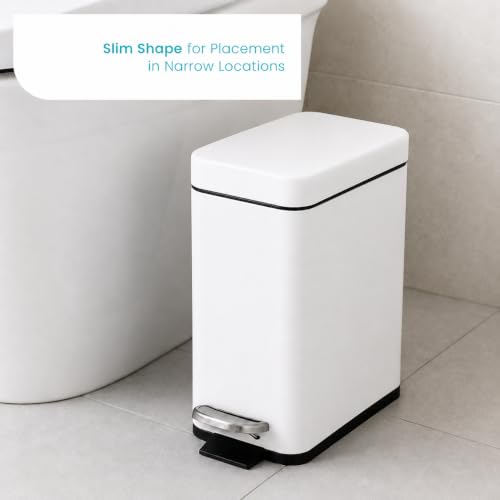 Image of Home Zone Living 1.3 Gallon Small Bathroom Trash Can with Lid and Step Pedal, Stainless Steel Wastebasket with Slim Design for Home and Office, Matte White, 5 Liters