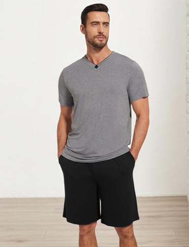 GYS Men's Pajama Sets, Bamboo Viscose Short Sleeves and Shorts 2 Piece V-Neck Pajamas for Men4