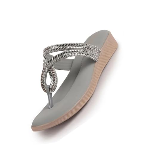 Image of FAUSTO Women T-Strap Slip On Ethnic Sandals with Rhinestone Strap | Wedge Ortho Slip-On Slippers | Perfect for Wedding, Festive Outfits