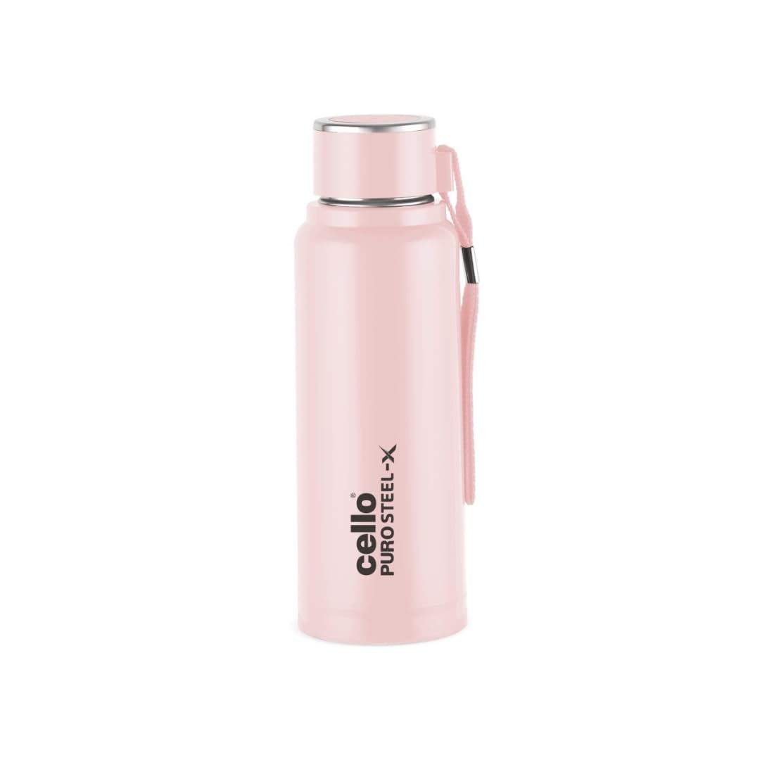 CELLO Puro Steel-X Benz PU Insulated Water Bottle 410ml, Pink | BPA Free, Leakproof, ISI Certified | Hot & Cold Bottle for Gym, Office, College, Travel, Outdoor Sports & Yoga with Carry Loop