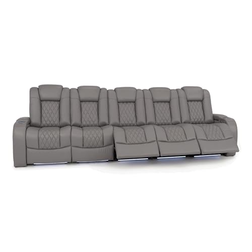 Image of Seatcraft Virtuoso LT Gray Italian Leather Home Theater Seating, Zero Gravity Power Recliner, Powered Headrest and Lumbar Gaming and Home Office Chair, Heat and Massage Lounge Sofa, Row of 5 Sofa