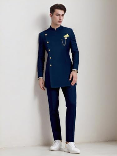 Men's 2-Piece Suit Slim-fit Dress Long Reception Suits Homecoming Wedding Ball Jacket Vest Pants Tie Suit's Size 6XL (US, Alpha, XX-Large, Regular, Regular, Blue)2