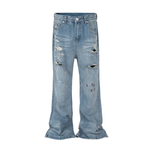 Men’s Ripped Denim Scimitar Pants, Hip Hop Streetwear, Loose Wide Leg Distressed Jeans