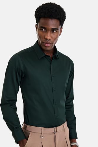 Image of SNITCH Men Formal Shirt | Modern Slim Fit Long Sleeve Spread Collar Solid Style | 100% Cotton Breathable Fabric for Office, Weddings & Festive Occasions Wear