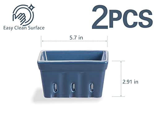 Onemore Ceramic Berry Basket, Square Fruit Bowls, Rustic Stoneware Berry Colander Set Of 2, Orange & Blue #TOP4