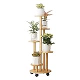 KEBMCHN Blumenständer Bambus mit Rollen, 5 Etagen Pflanzenständer Blumenregal Balkon,Chassis Ø31.5*Oberes Fach Ø19CM*Hoch88CM, Pflanzenregal for Den Außenbereich, leicht zu bewegen(Holzfarbe)