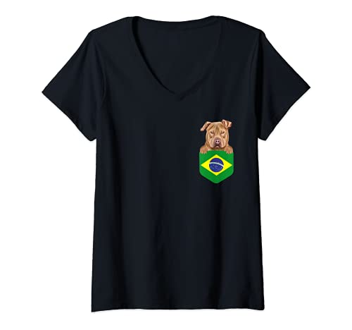 Womens Brazil Flag Usa Staffordshire Terrier Dog In Pocket V-Neck T-Shirt, Black