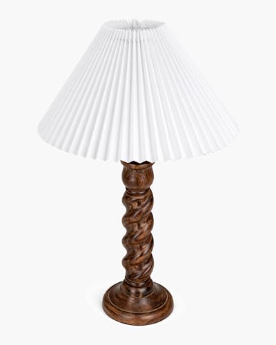 Image of Homesake Classic Twister Wooden Table Lamp with Shade | Handcrafted Bedside Lamp, E27 Holder| Bulb Included |Warm Light Night Lamp, Bedroom, Living Room, Study & Home Decor, (Pleated White)