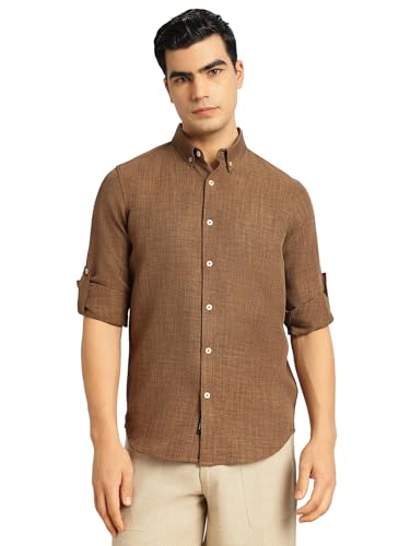 Image of Thomas Scott Men's | Solid | Textured Fabric | Full Sleeve | Slim Fit | Polyester-Blend | Spread Collar | Casual Shirt