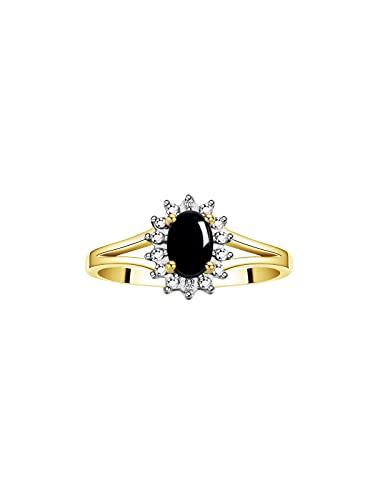 Image of Rylos Halo Ring: Diamond Birthstone with 6X4MM Oval Gemstone - Women's Jewelry in Yellow Gold Plated Silver - Stunning Diamond Ring Sizes 5-10