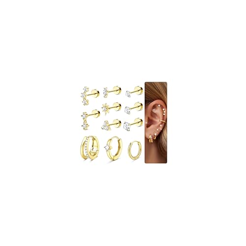 20G Helix Piercing Jewelry Flat Back Cartilage Earrings for Women - Hypoallergenic Surgical Stainless Steel Gold Stud Hoop Cartilage Helix Earring Set Daith Tragus Conch Flat Back Stud Earrings Single